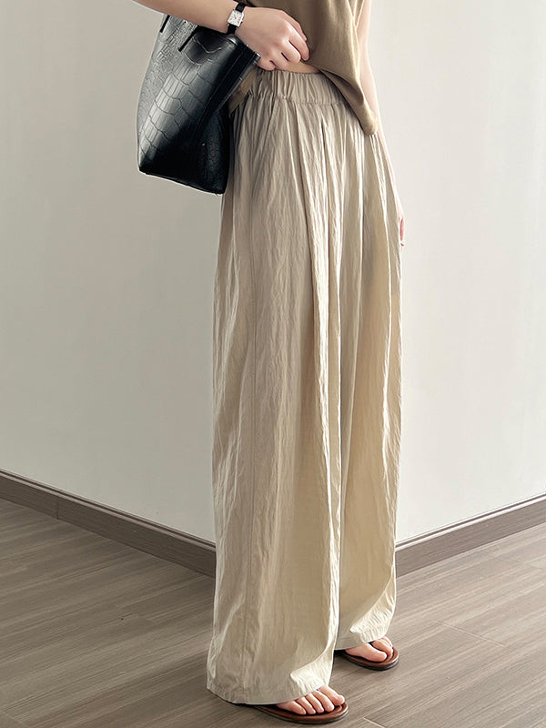 xakxx High Waisted Wide Leg Elasticity Pleated Solid Color Casual Pants Bottoms Trousers