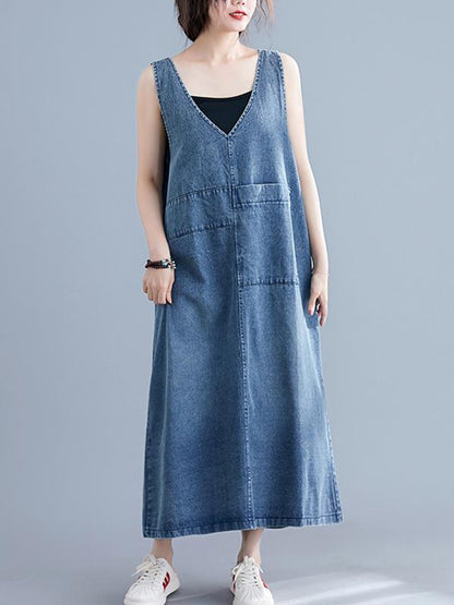 xakxx Loose Sleeveless Denim V-Neck Midi Dress
