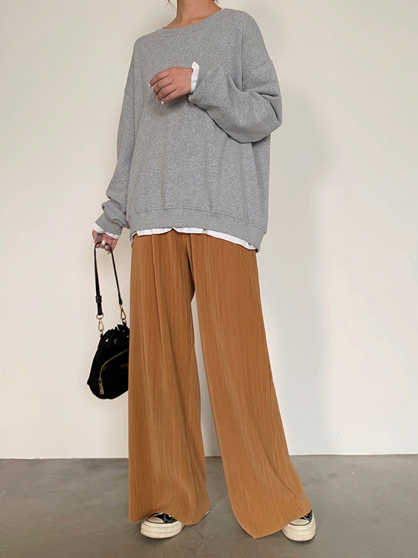 xakxx Casual Solid Color Pleats Capri-Pants Bottoms
