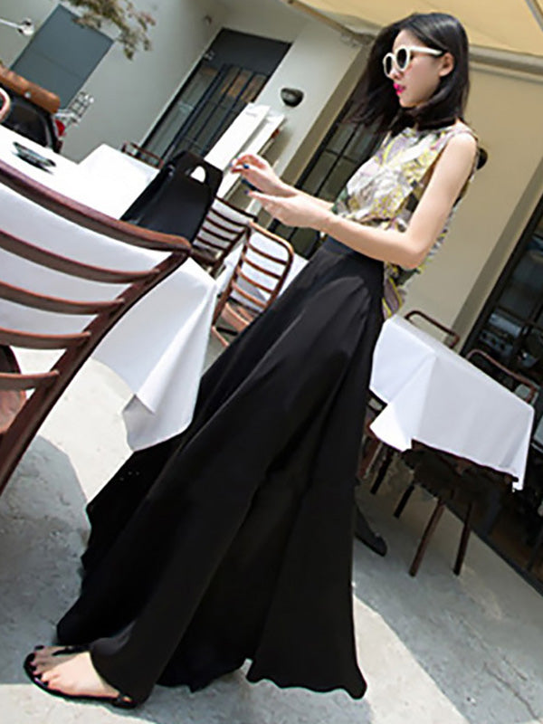 xakxx Simple Solid Color Elasticity High Waisted Wide Leg Pants
