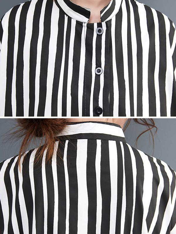 xakxx Long Sleeves Loose Buttoned Split-Joint Striped Mock Neck Midi Dresses
