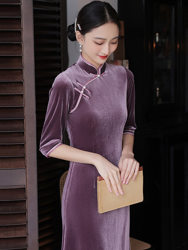 xakxx Vintage Beaded False Two Half Sleeves Long Cheongsams