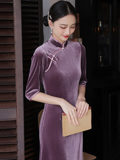 xakxx Vintage Beaded False Two Half Sleeves Long Cheongsams
