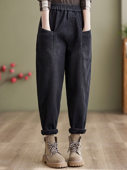 xakxx Casual Loose Velvet Solid Color With Pockets Harem Jean Pants Bottoms