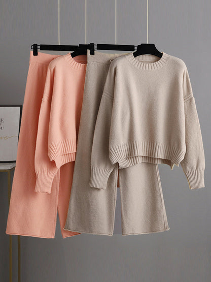 xakxx Urban Loose Long Sleeves Solid Color Round-Neck High-Low Sweater Tops & Wide Leg Pants Suits