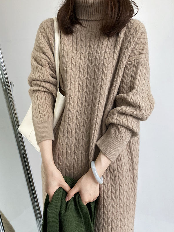 xakxx Stylish Loose Long Sleeves Solid Color High-Neck Twist Sweater Dresses