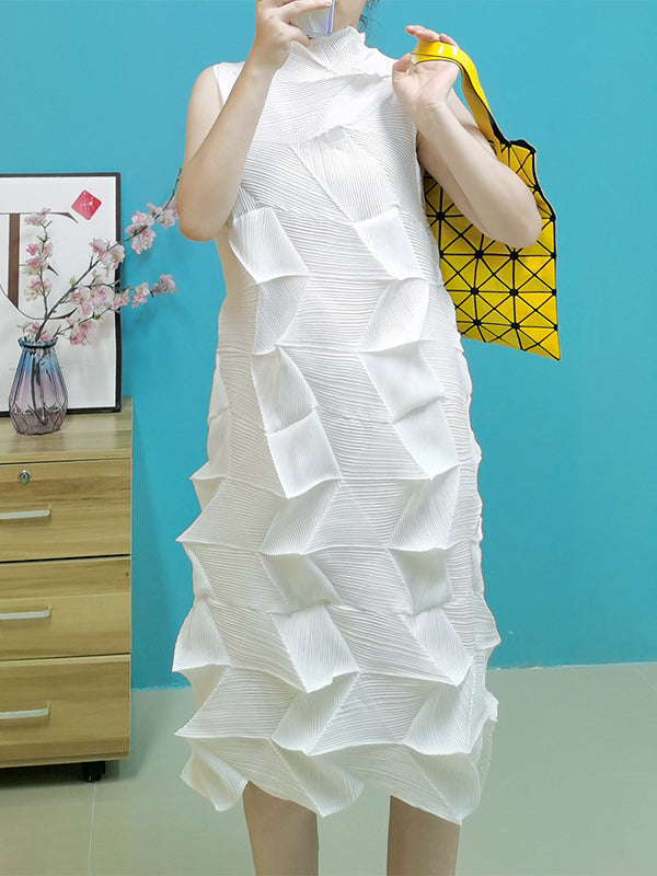 xakxx Casual Sleeveless Irregularity Pleated Solid Color Stand Collar Midi Dresses