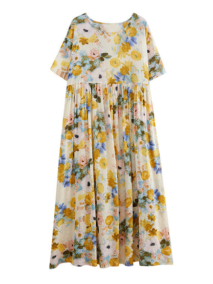 xakxx A-Line Loose Floral Printed Round-Neck Midi Dresses