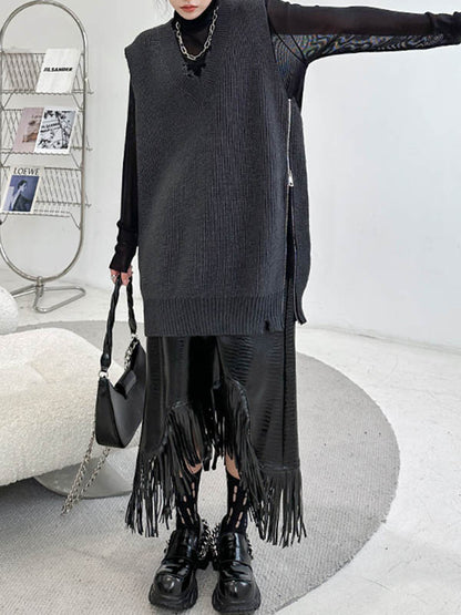 xakxx Loose Sleeveless Asymmetric Split-Side Zipper V-Neck Vest Outerwear