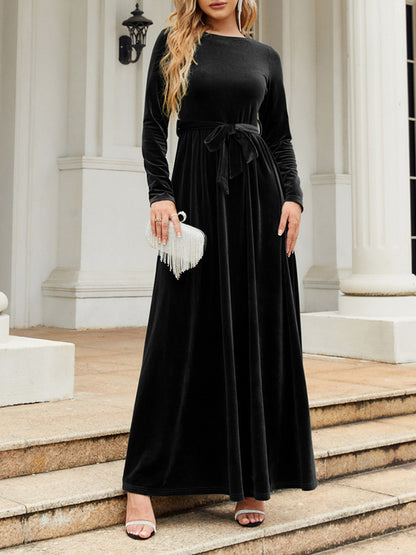 xakxx Long Sleeves Wrap Belted Pleated Solid Color Zipper Round-Neck Maxi Dresses