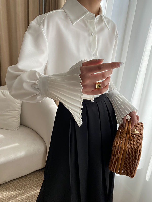 xakxx Flared Sleeves Solid Color Lapel Blouses&Shirts Tops