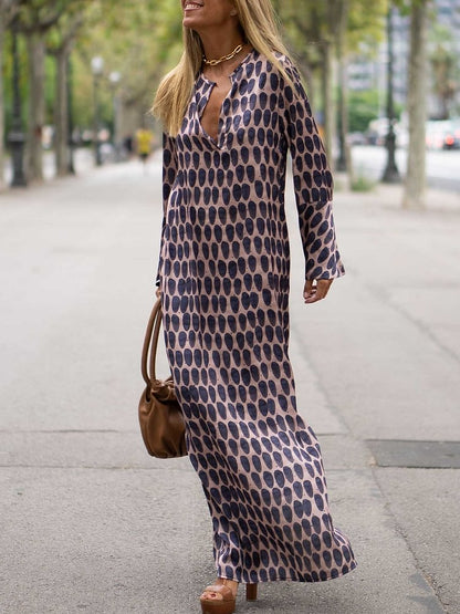 xakxx Women Casual Loose Printed Deep V-Neck Maxi Dresses