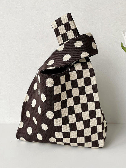 xakxx Contrast Color Plaid Polka-Dot Woven Handbag