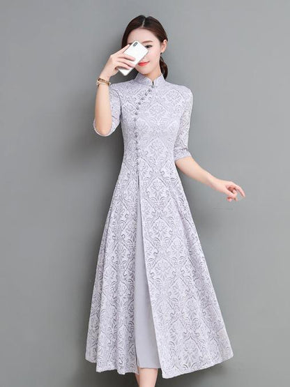 xakxx Gray&Coffee Lace A-line Long Cheongsam Ao Dai