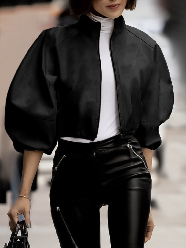 xakxx Puff Sleeves Loose Solid Color Zipper Stand Collar Jackets Outerwear