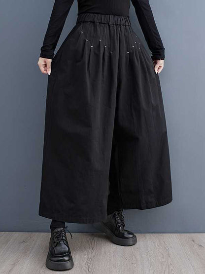 xakxx Loose Wide Leg Elasticity Embroidered Pleated Ninth Pants Trousers