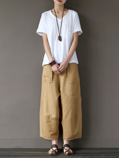 xakxx Simple 4 Colors Loose Linen Wide Leg Pants