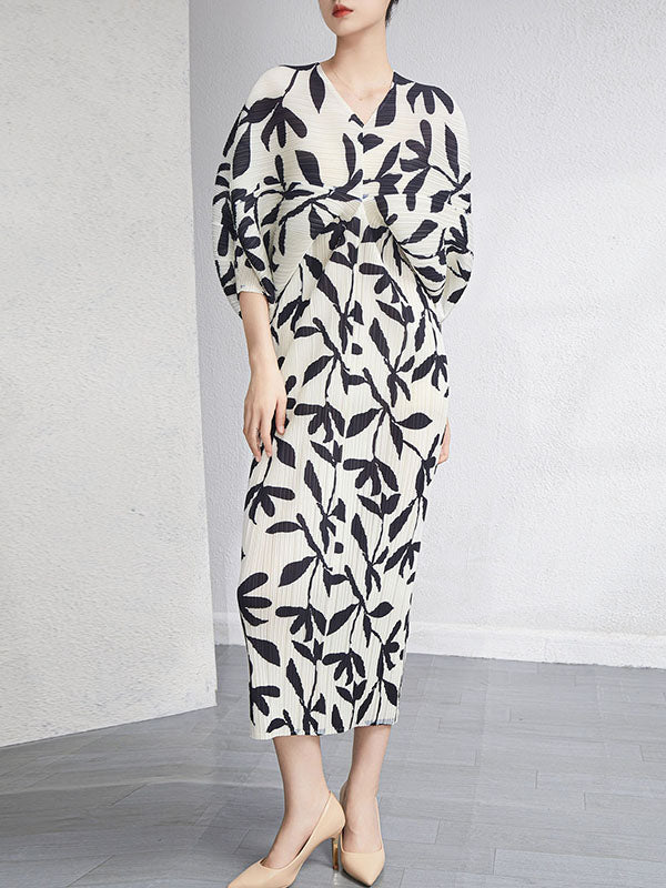 xakxx Urban Loose Batwing Sleeves Printed Pleated V-Neck Midi Dresses