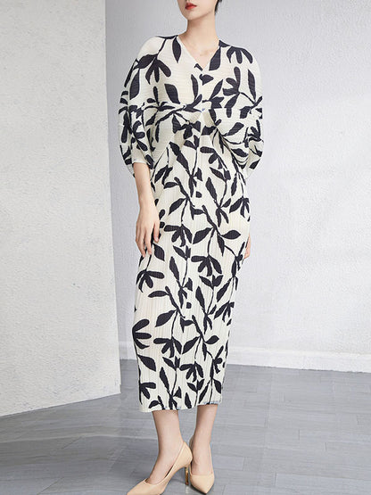 xakxx Urban Loose Batwing Sleeves Printed Pleated V-Neck Midi Dresses