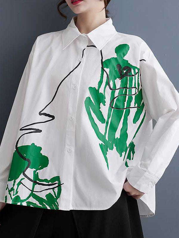 xakxx High-Low Long Sleeves Buttoned Printed Lapel Blouses&Shirts Tops