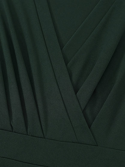 xakxx A-Line Long Sleeves Gauze Pleated Split-Joint V-Neck Midi Dresses