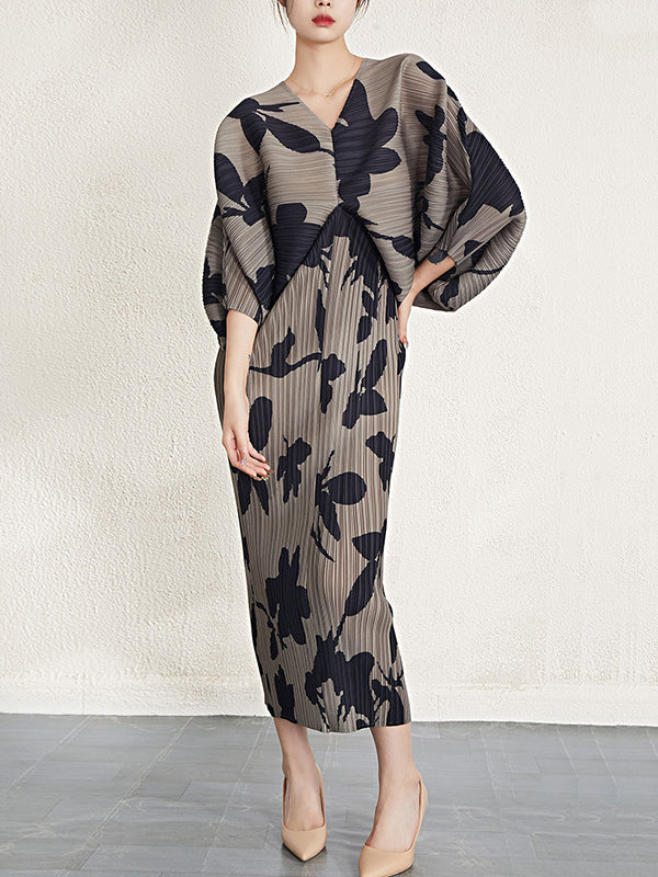 xakxx Batwing Sleeves Loose Pleated Printed V-Neck Midi Dresses