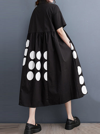 xakxx A-Line Loose Buttoned Pockets Polka Dot Printed Lapel Midi Dresses