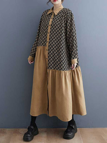 xakxx A-Line Long Sleeves Asymmetric Buttoned Pleated Printed Split-Joint Lapel Midi Dresses
