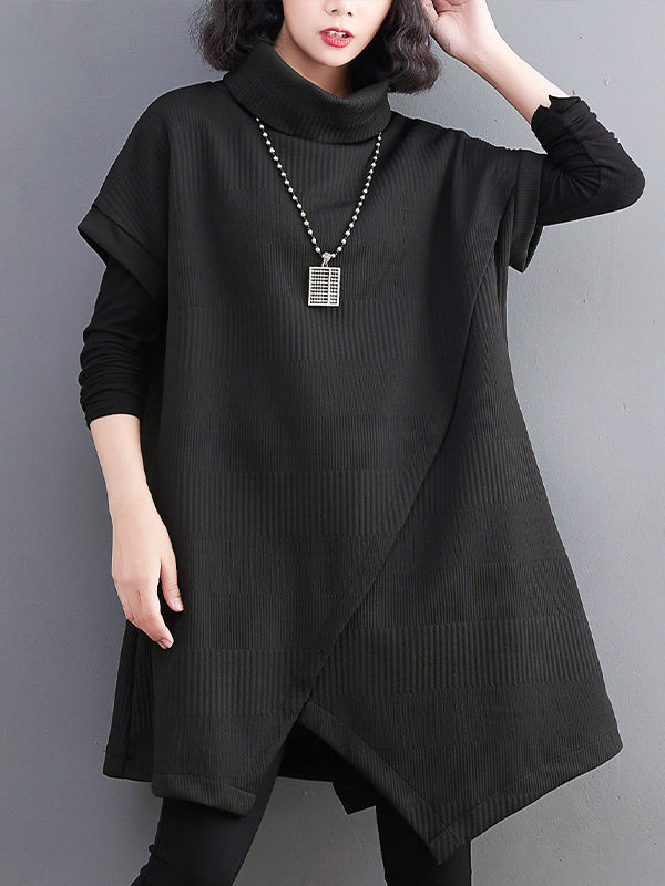 xakxx Short Sleeves Asymmetric Solid Color Split-Front High-Neck Knitwear Mini Dresses