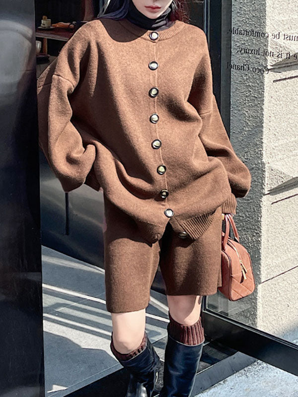 xakxx Long Sleeves Loose Buttoned Round-Neck Sweater Top + Drawstring Shorts Bottom Two Pieces Set