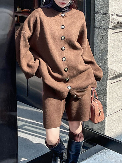 xakxx Long Sleeves Loose Buttoned Round-Neck Sweater Top + Drawstring Shorts Bottom Two Pieces Set