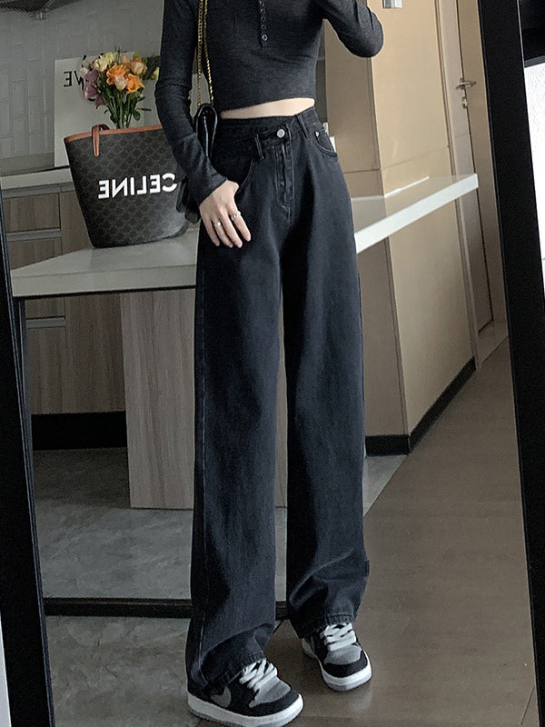 xakxx Casual High Waisted Denim Wide Leg Jean Pants
