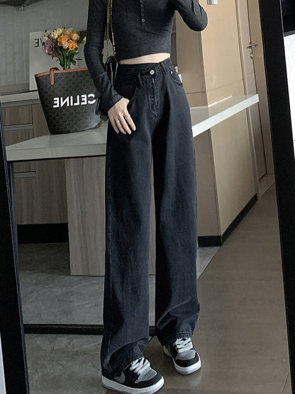 xakxx Casual High Waisted Denim Wide Leg Jean Pants