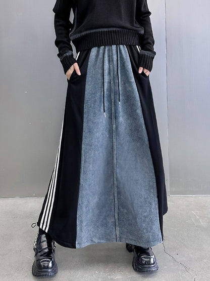 xakxx A-Line Loose Contrast Color Drawstring Split-Joint Striped Skirts Bottoms