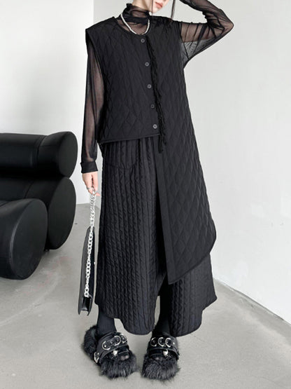 xakxx Loose Sleeveless Asymmetric Buttoned Quilted Solid Color Tasseled U-neck Padded Vest
