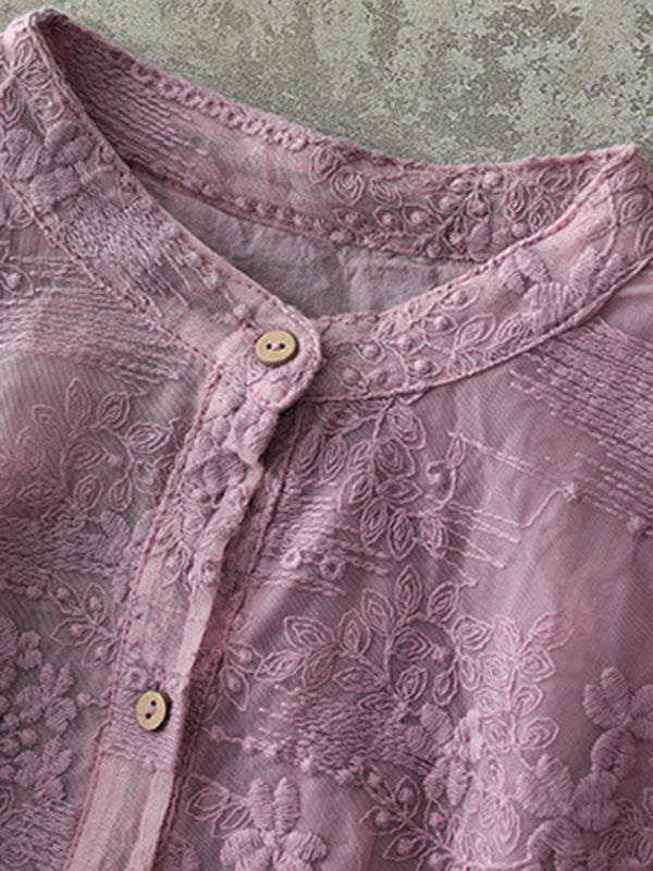 xakxx Vintage Loose Embroidered Lace Hollow Blouse
