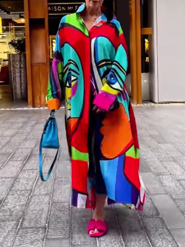 xakxx Irregular Clipping Loose Abstract Printed Multi-Colored Lapel Maxi Dresses Shirt Dress