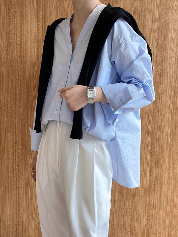 xakxx Loose Simple V-Neck Pocket Blouses