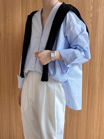 xakxx Loose Simple V-Neck Pocket Blouses