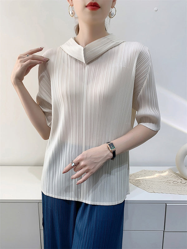 xakxx Half Sleeves Hooded Pleated Solid Color Mock Neck T-Shirts Tops