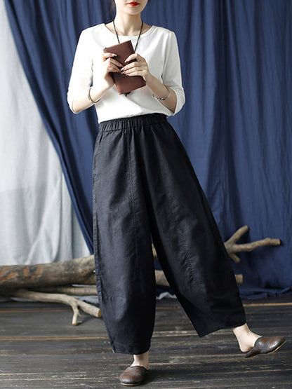 xakxx Simple Solid Color Elasticity Waisted Wide Leg Pants