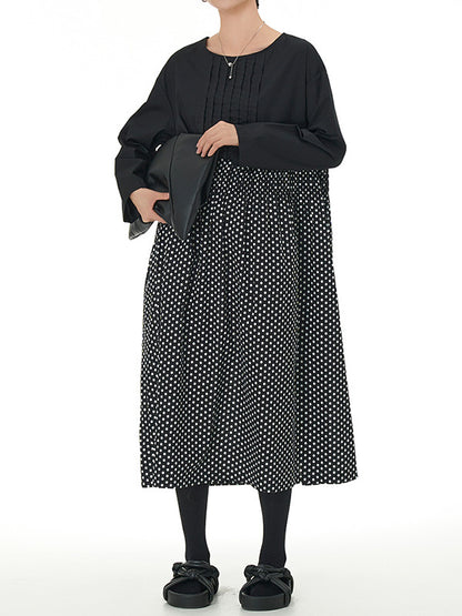 xakxx Long Sleeves Loose Contrast Color Elasticity Pleated Polka-Dot Split-Joint Round-Neck Midi Dresses
