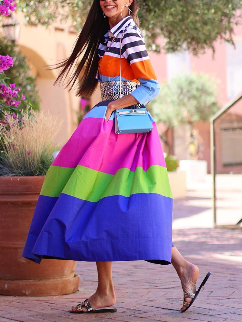 xakxx Loose Three-Quarter Sleeves Buttoned Contrast Color Striped Lapel Collar Midi Dresses