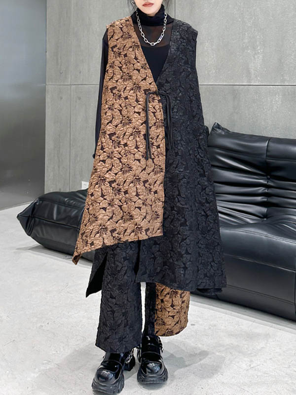 xakxx A-Line High-Low Asymmetric Contrast Color Jacquard Vest Top + Elasticity Pants Bottom Two Pieces Set