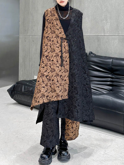 xakxx A-Line High-Low Asymmetric Contrast Color Jacquard Vest Top + Elasticity Pants Bottom Two Pieces Set