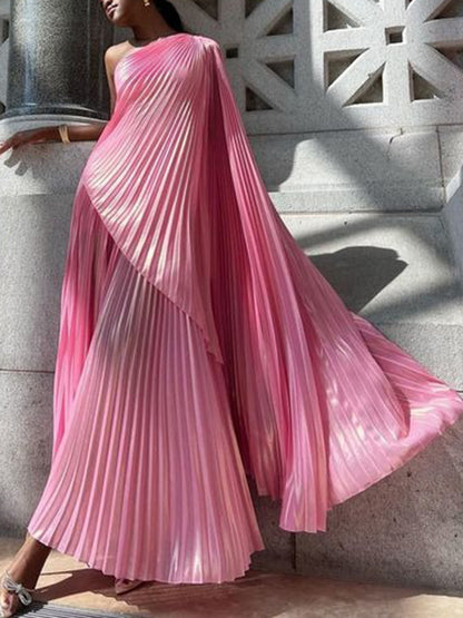 xakxx Loose Asymmetric Pleated One-Shoulder Maxi Dresses