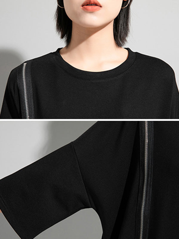 xakxx Original Black Zipper Batwing Sleeve Round-Neck Mini Dress