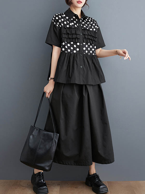 xakxx Loose Short Sleeves Contrast Color Pleated Polka-Dot Split-Joint Lapel Blouses