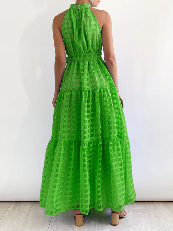 xakxx Loose Sleeveless Plaid Ribbed Stand Collar Maxi Dresses