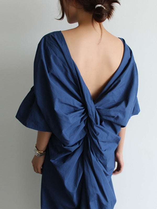 xakxx Casual Half Sleeves Loose Pleated Solid Color V-Neck Midi Dresses
